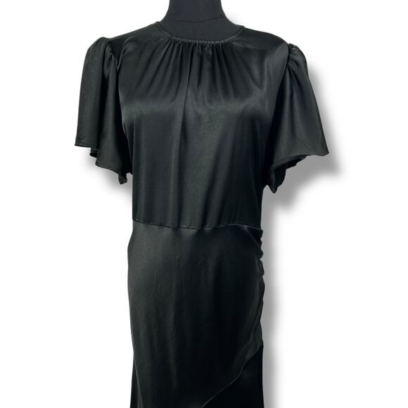 Chelsea28 Black Satin Flutter Sleeve Asymmetric Maxi Length Dress Womens Size M - Picture 4 of 11